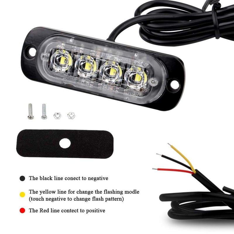 Sidaqi White 4-LED Surface Flash Mount Grille Emergency Strobe Lights Ultra Slim Deck Dash Grill Warning Police Light Hazard Beacon Caution Flashing Light for Vehicles Van Waterproof 12-24V-4PCS - Image 4